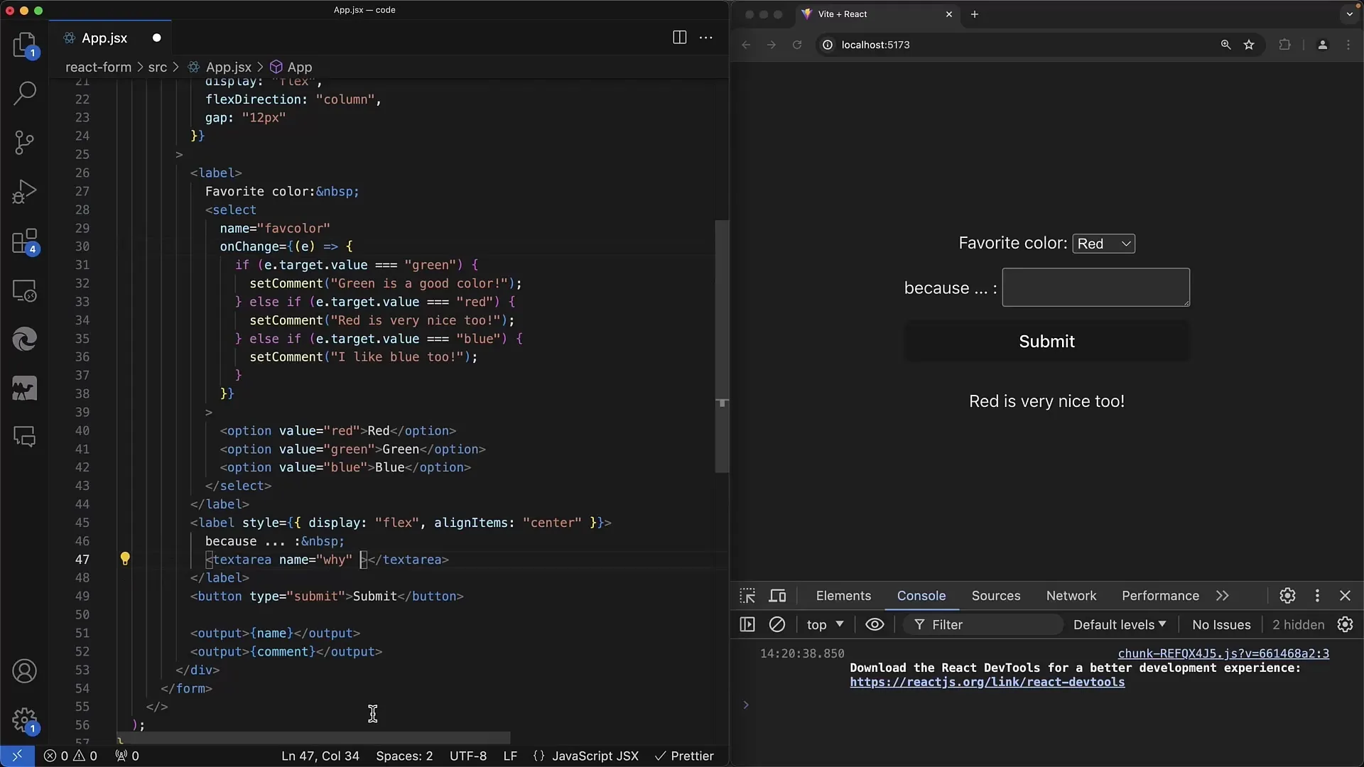Formulir interaktif dalam React: Kontrol Select dan Textarea