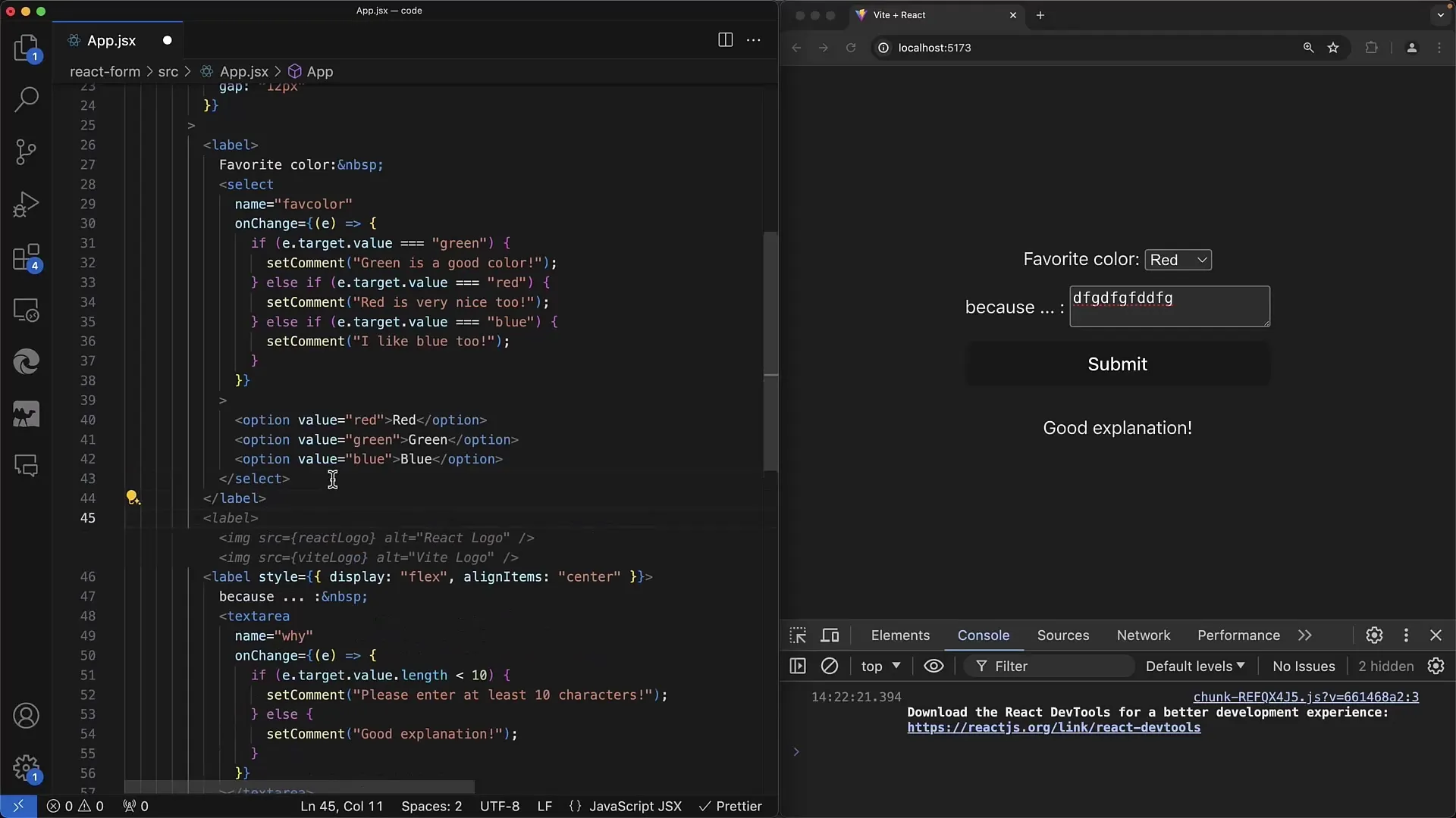 Formulir interaktif dalam React: kontrol Select dan Textarea