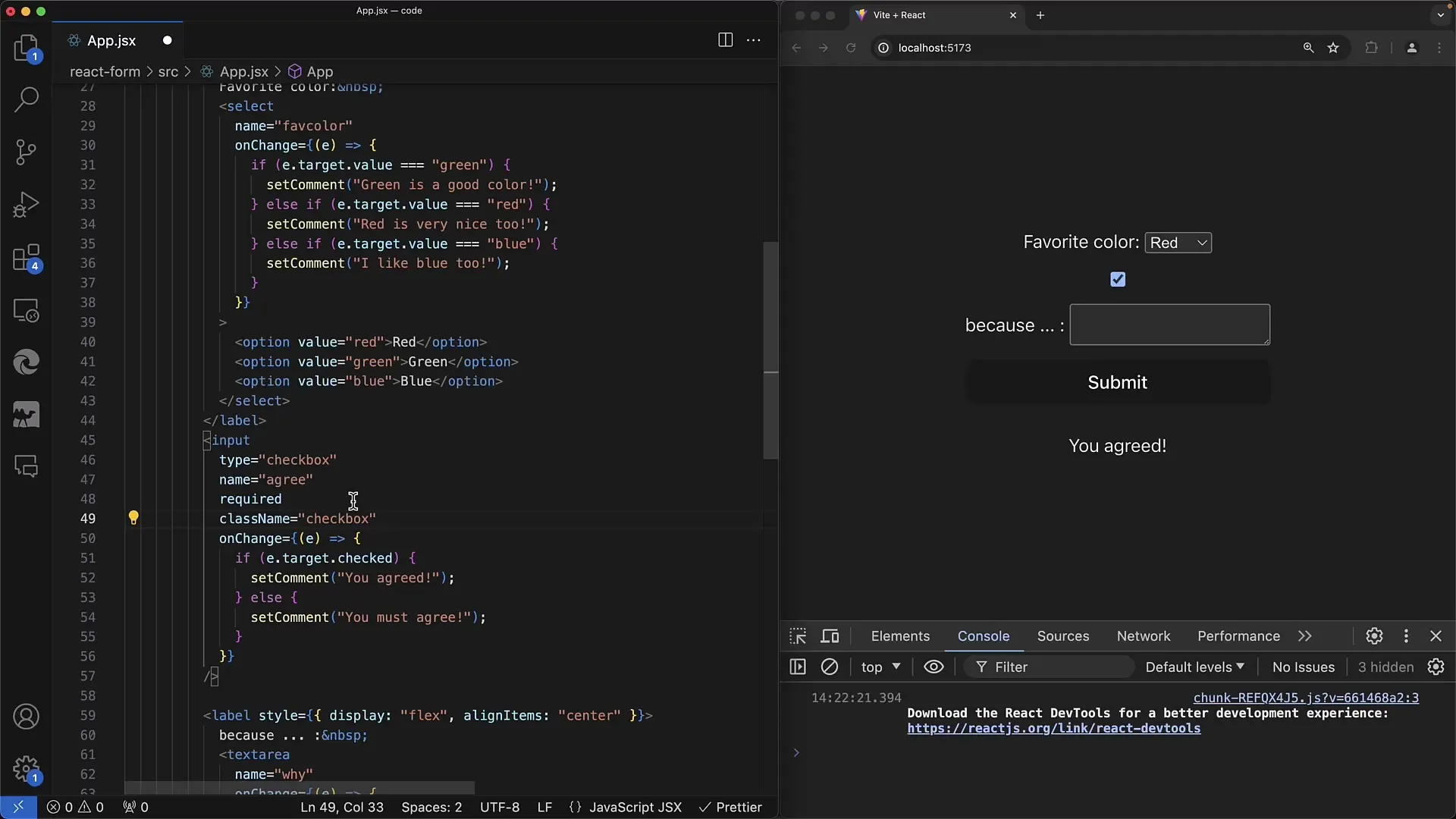 Formulir interaktif dalam React: pengendalian Select dan Textarea