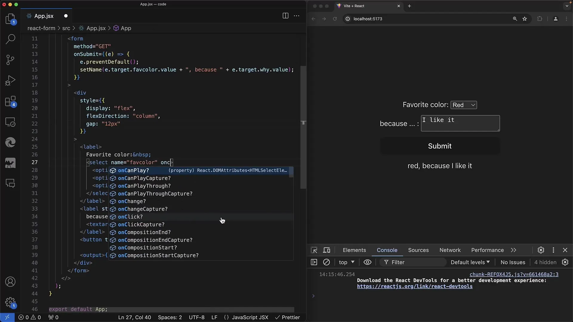 Formulir interaktif dalam React: kontrol Select dan Textarea