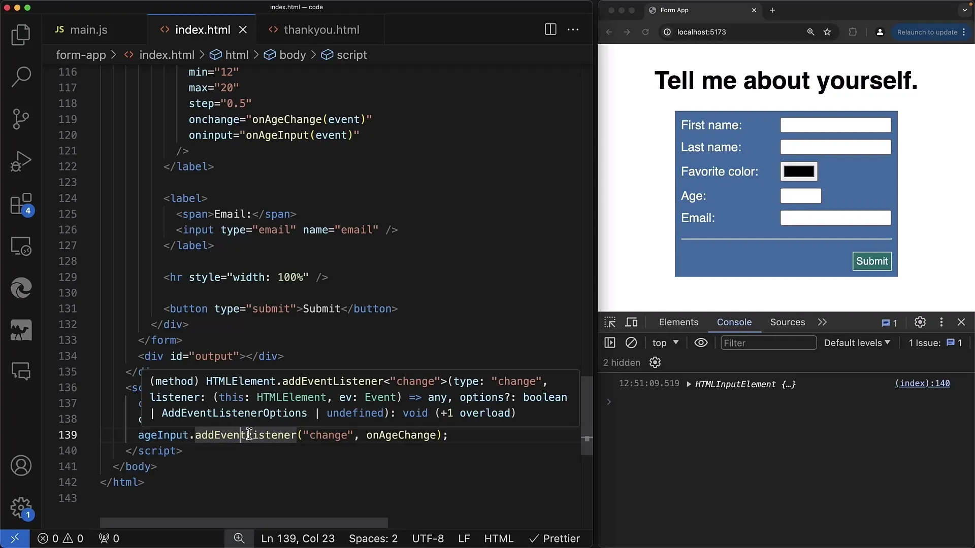 React to changes in web forms using addEventListener