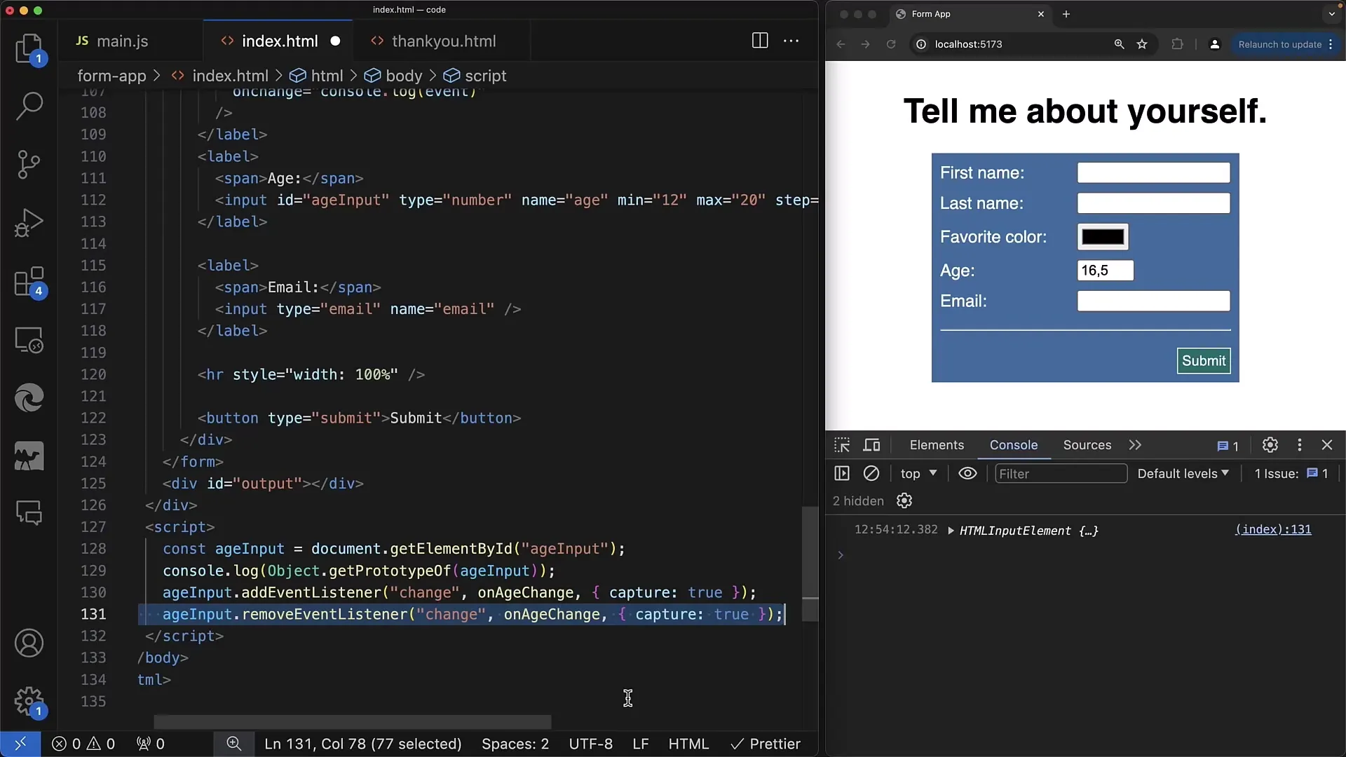 React to changes with addEventListener in web forms