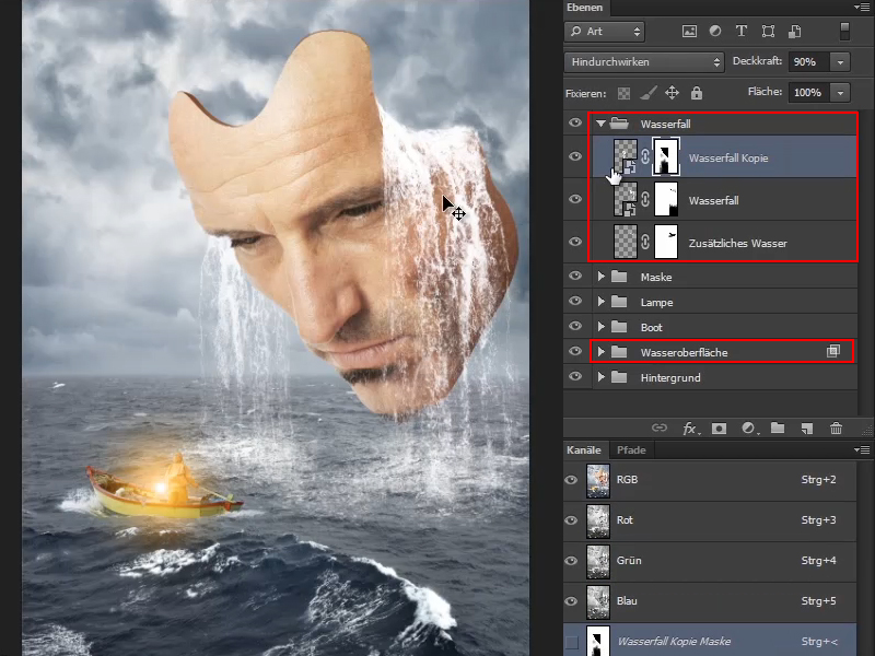 Photoshop-Composing - Das Orakel des Meeres - Teil 09: Wasserfälle optimieren und Meeresoberfläche anpassen