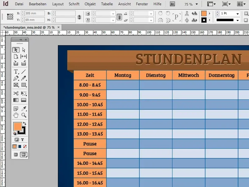 Vytvořit rozvrh hodin v programu Adobe InDesign.