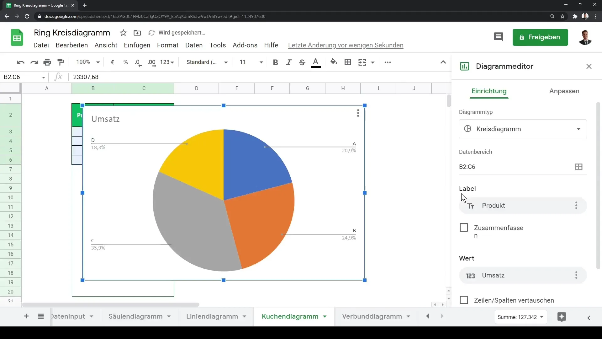 Loo ring- ja sektordiagramme tõhusalt Google Sheetsis