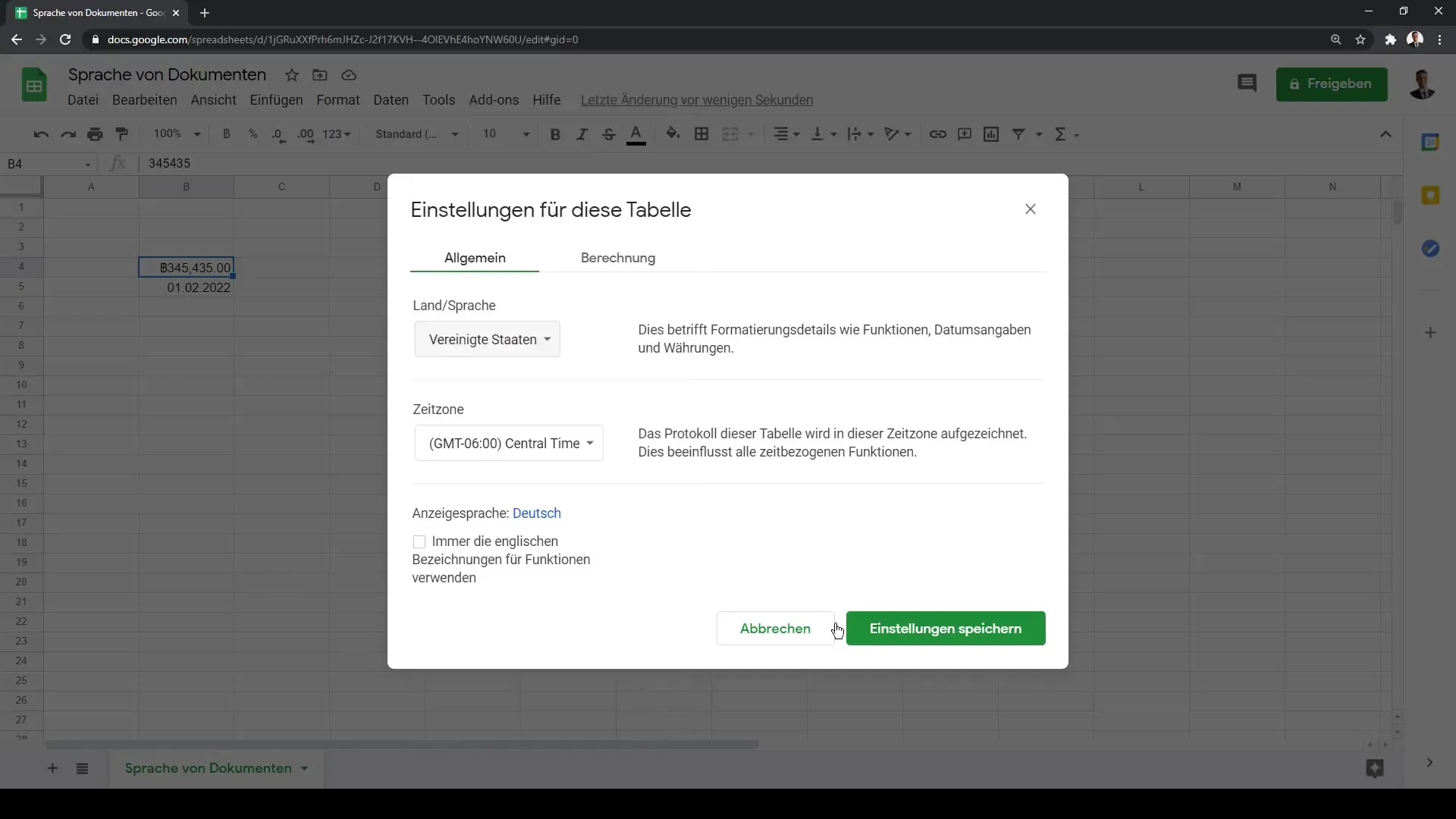 Google Sheets: Keele- ja piirkonna seaded kohandamine