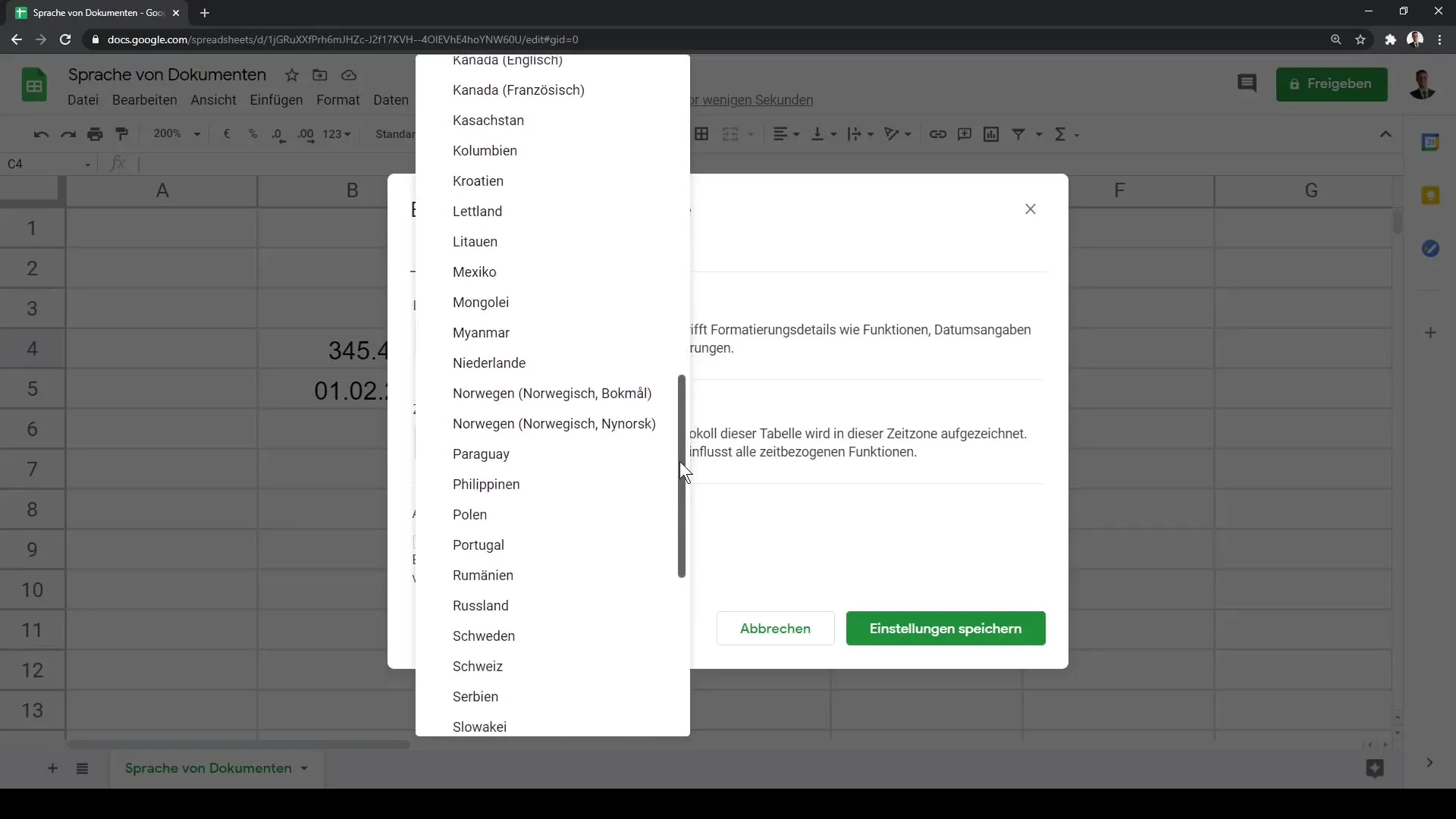 Google Sheets: Valige keele- ja piirkondaseaded