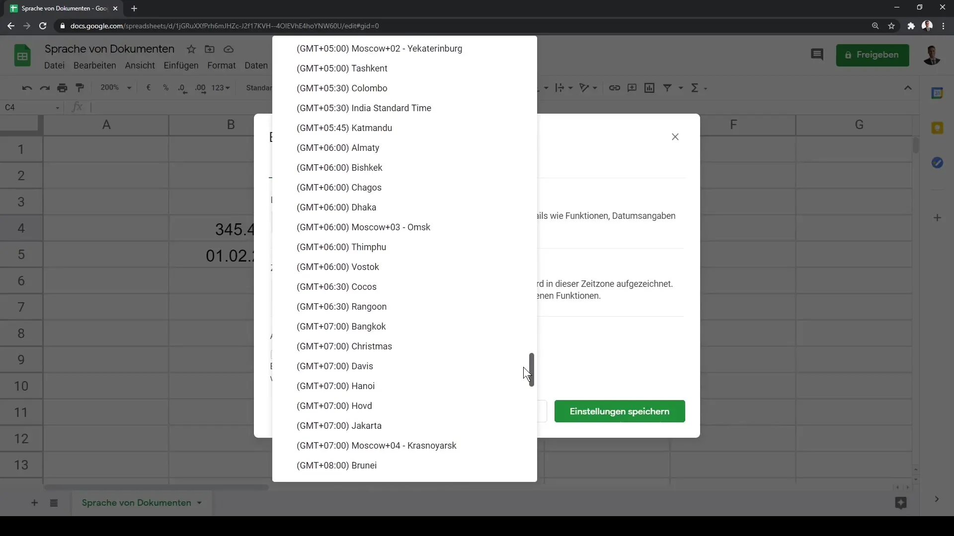 Google Sheets: Keel ja piirkonnaseaded kohandamine