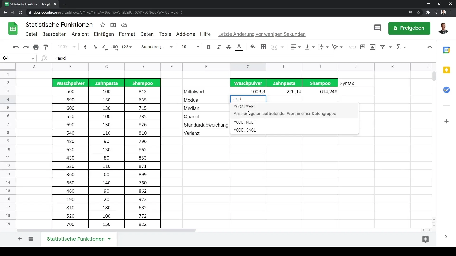 Google Sheets: Andmearuannete statistilised funktsioonid