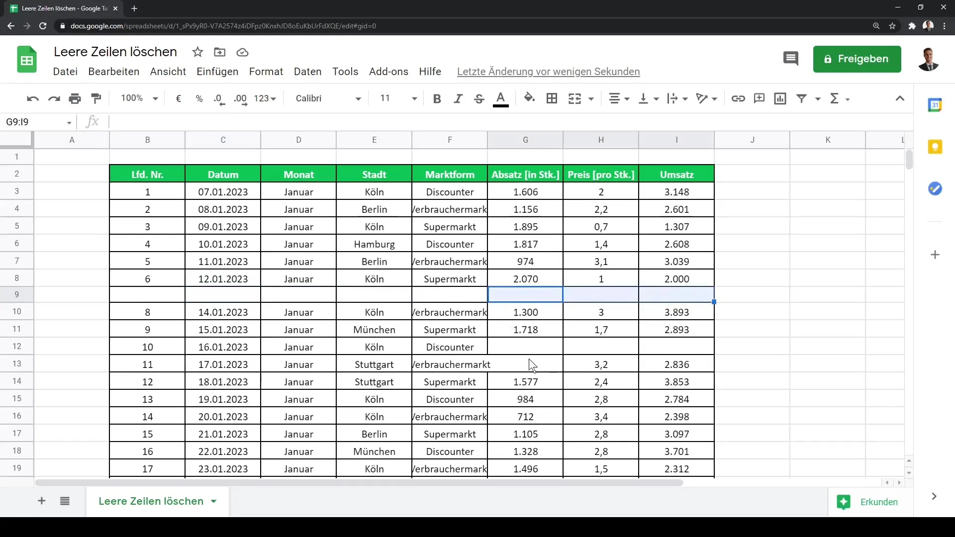 Tühjade ridade tõhus kustutamine Google Sheets'i raamatus - andmepuhastuse juhend