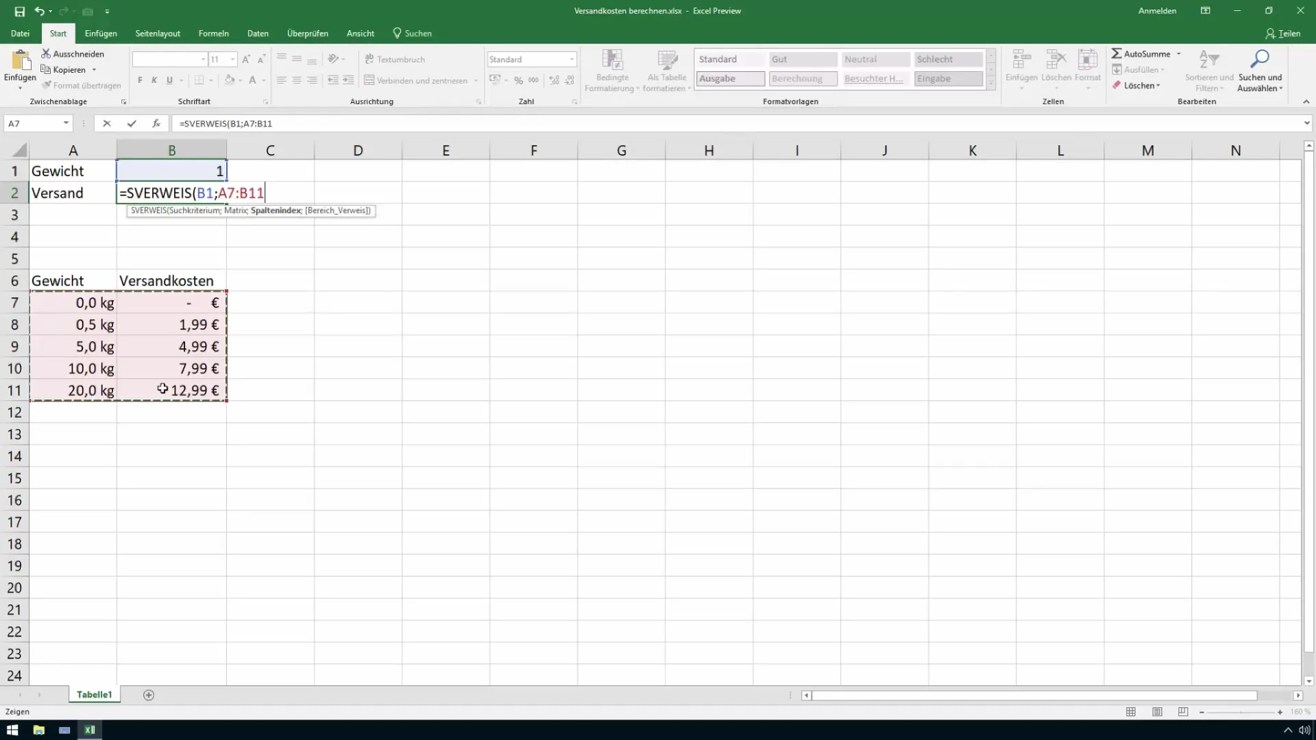 Calcular gastos de envío en Excel - utilizar BUSCARV