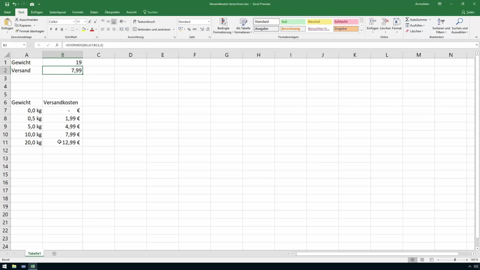 Calcular los costos de envío en Excel - utilizar la función BUSCARV