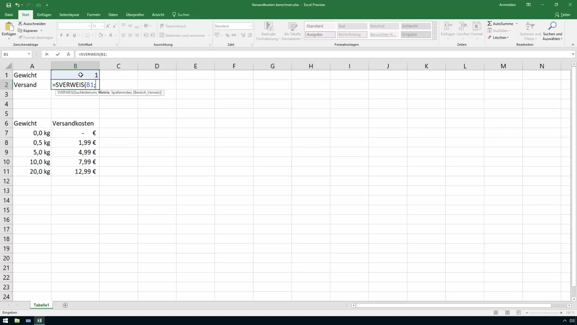 Calcular los costos de envío en Excel - utilizar la función BUSCARV