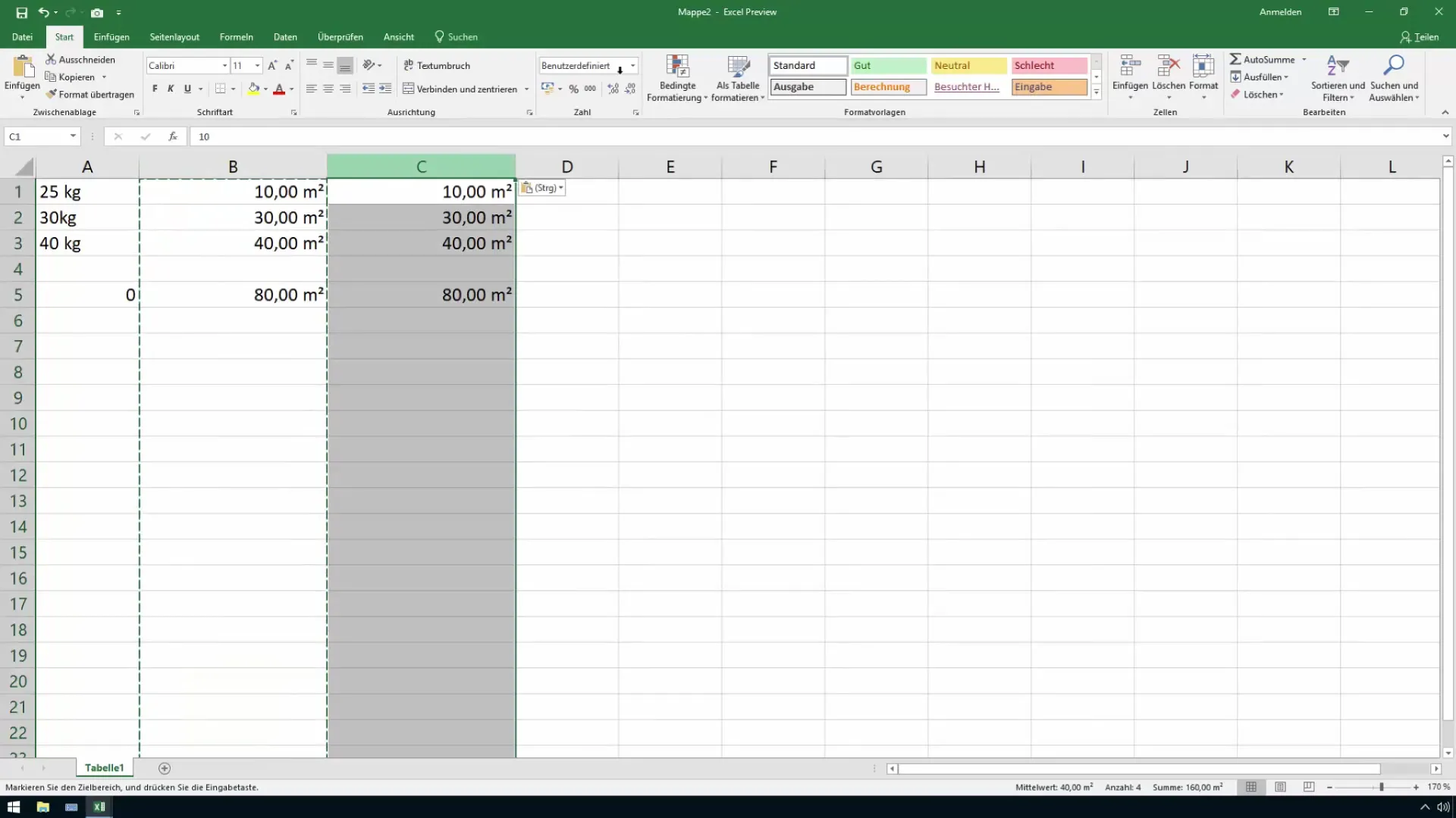 Formateo efectivo de Excel para metros cuadrados y metros cúbicos