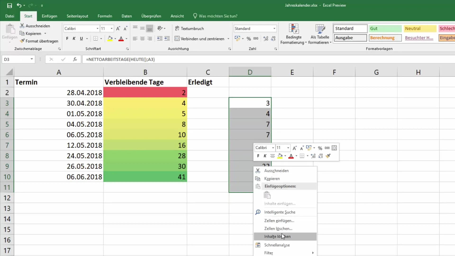 Termine farblich kennzeichnen in Excel für mehr Übersichtlichkeit