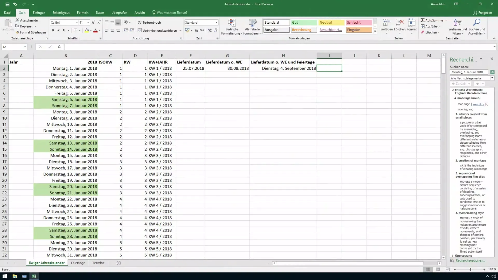 Créer un calendrier de travail dans Excel Jours ouvrables