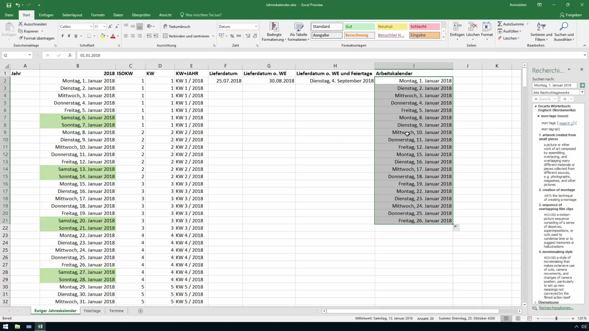Arbeitskalender in Excel erstellen – Nur Arbeitstage
