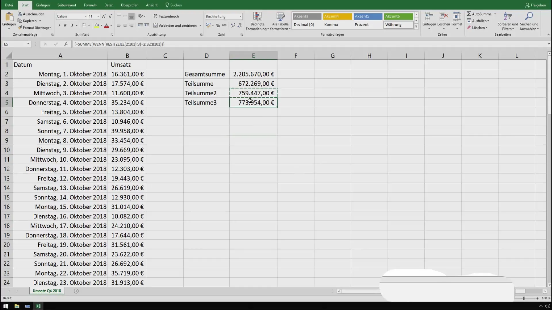 Teilsummen in Excel effektiv ermitteln