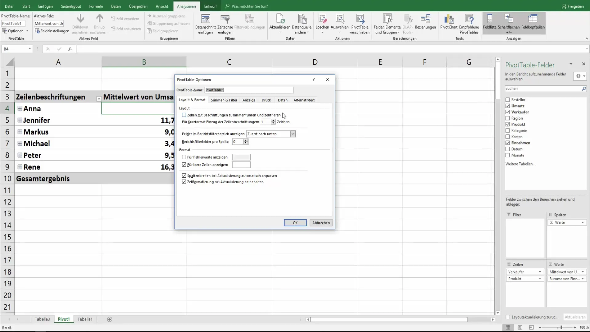 Setările optime pentru tabele pivot în Excel