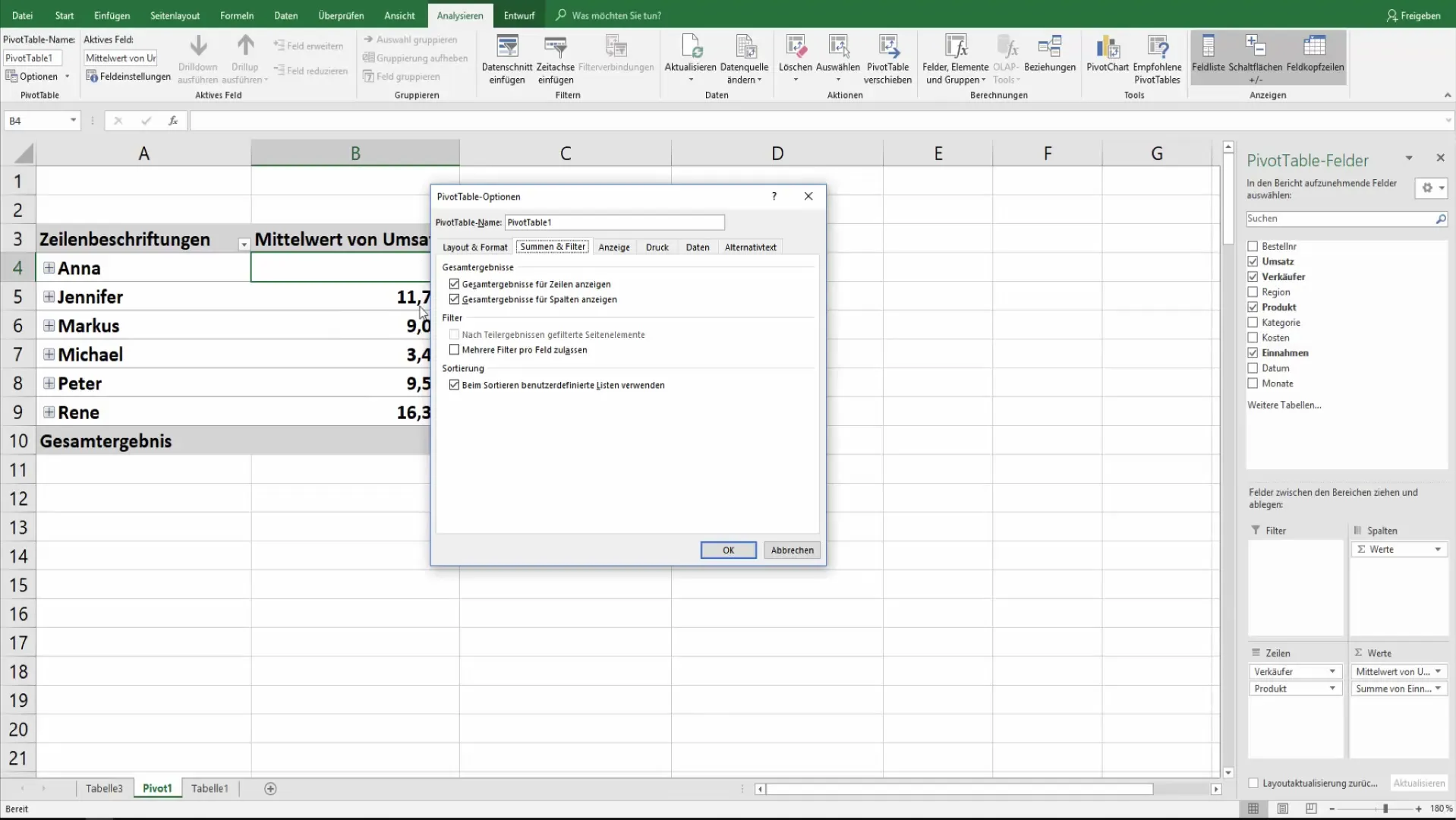 Setările optime pentru tabelele pivot în Excel