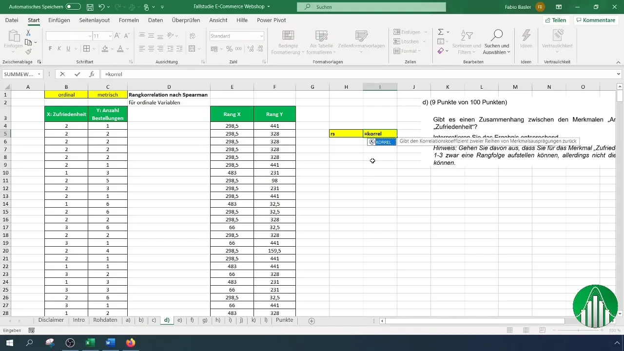 Calculul corelației rangului Spearman în Excel