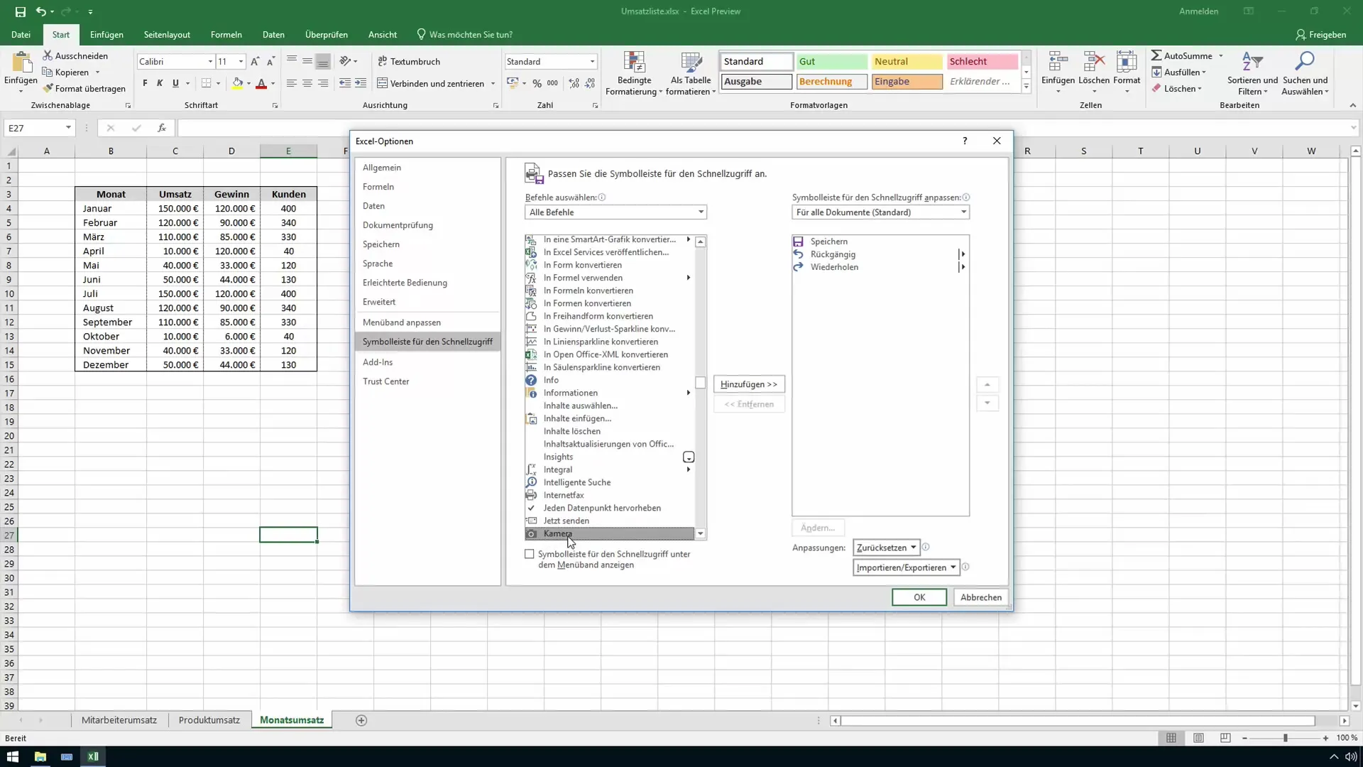 Utilizar la función de cámara en Excel - Instrucciones para informes