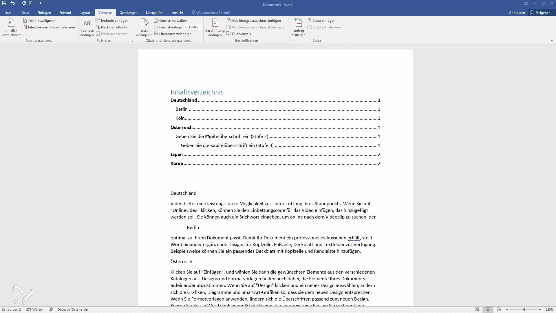 Opret og tilpas automatisk indholdsfortegnelse i Word