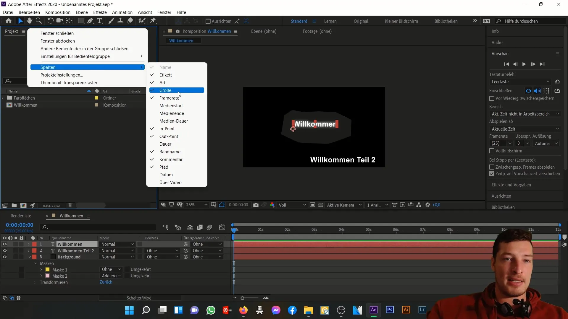 Übersicht über den Projektbereich in After Effects