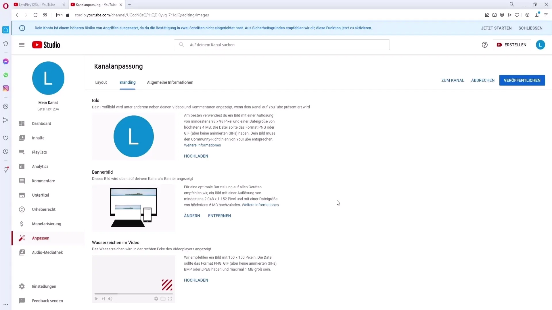 Bare last opp kanalbannere på YouTube