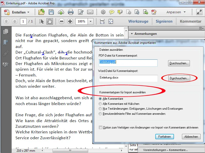 Grafikmarkierungswerkzeuge in Acrobat, Kommentare exportieren und importieren