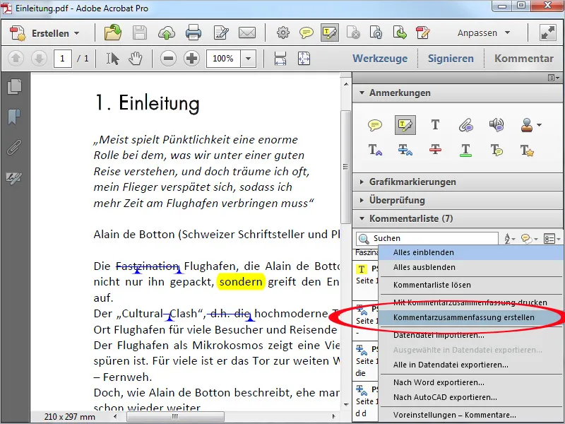 Grafikmarkierungswerkzeuge in Acrobat, Kommentare exportieren und importieren