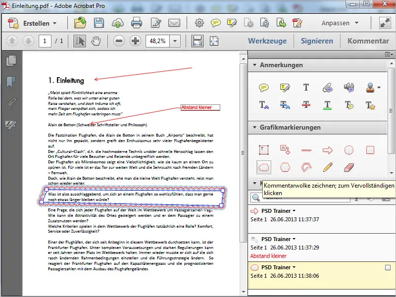Grafikmarkierungswerkzeuge in Acrobat, Kommentare exportieren und importieren