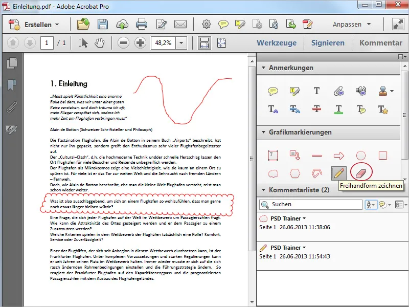 Grafikmarkierungswerkzeuge in Acrobat, Kommentare exportieren und importieren