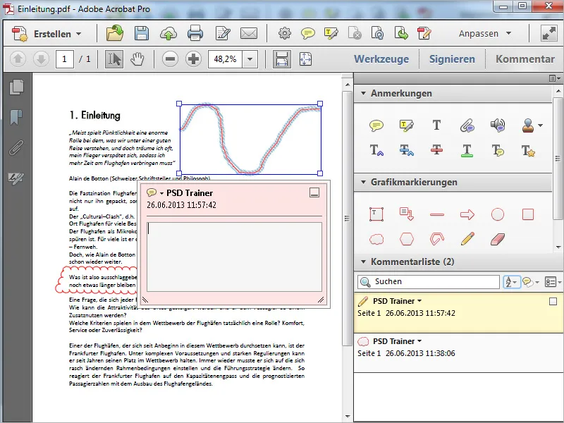 Grafikmarkierungswerkzeuge in Acrobat, Kommentare exportieren und importieren