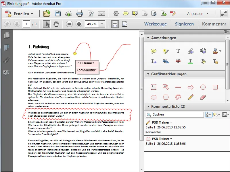 Grafikmarkierungswerkzeuge in Acrobat, Kommentare exportieren und importieren