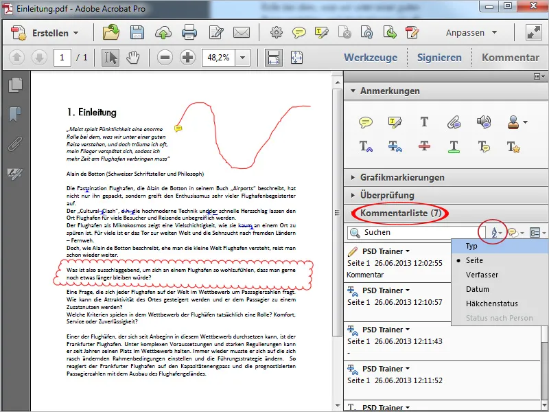 Grafikmarkierungswerkzeuge in Acrobat, Kommentare exportieren und importieren