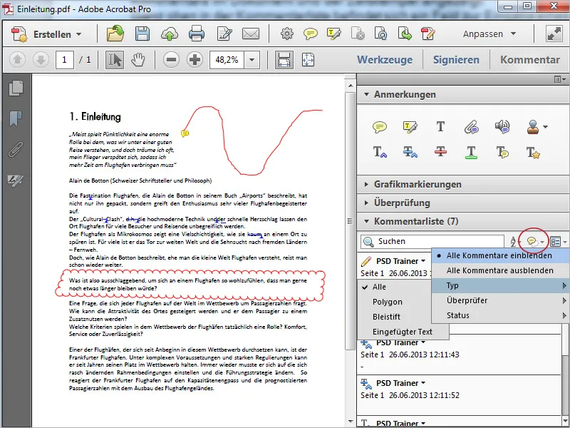 Grafikmarkierungswerkzeuge in Acrobat, Kommentare exportieren und importieren