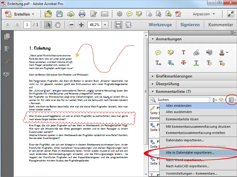 Grafikmarkierungswerkzeuge in Acrobat, Kommentare exportieren und importieren