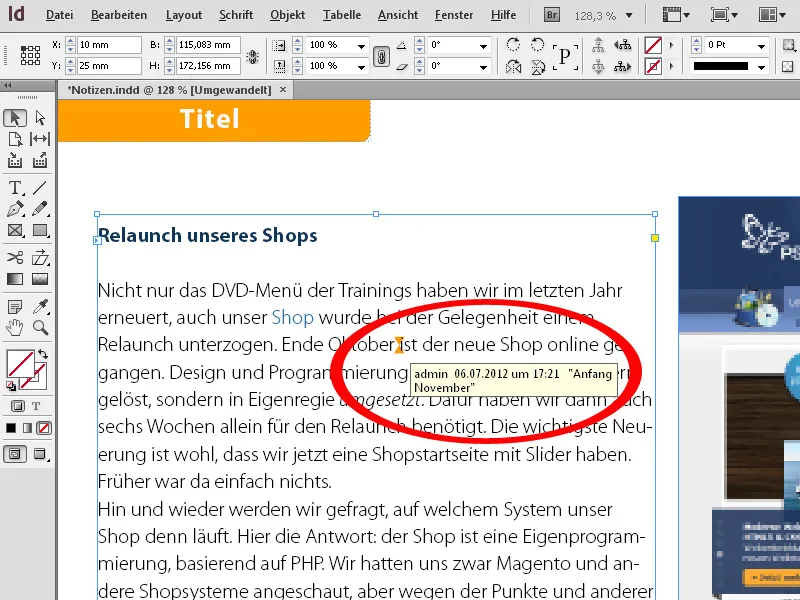 Το εργαλείο σημειώσεων στο InDesign