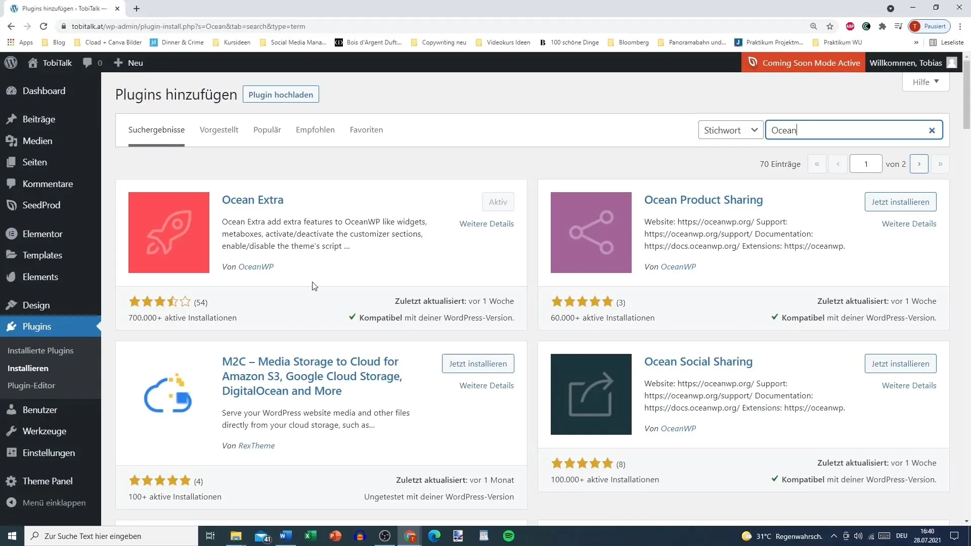 Install Elementor plugins: Envato Elements and Ocean Extra