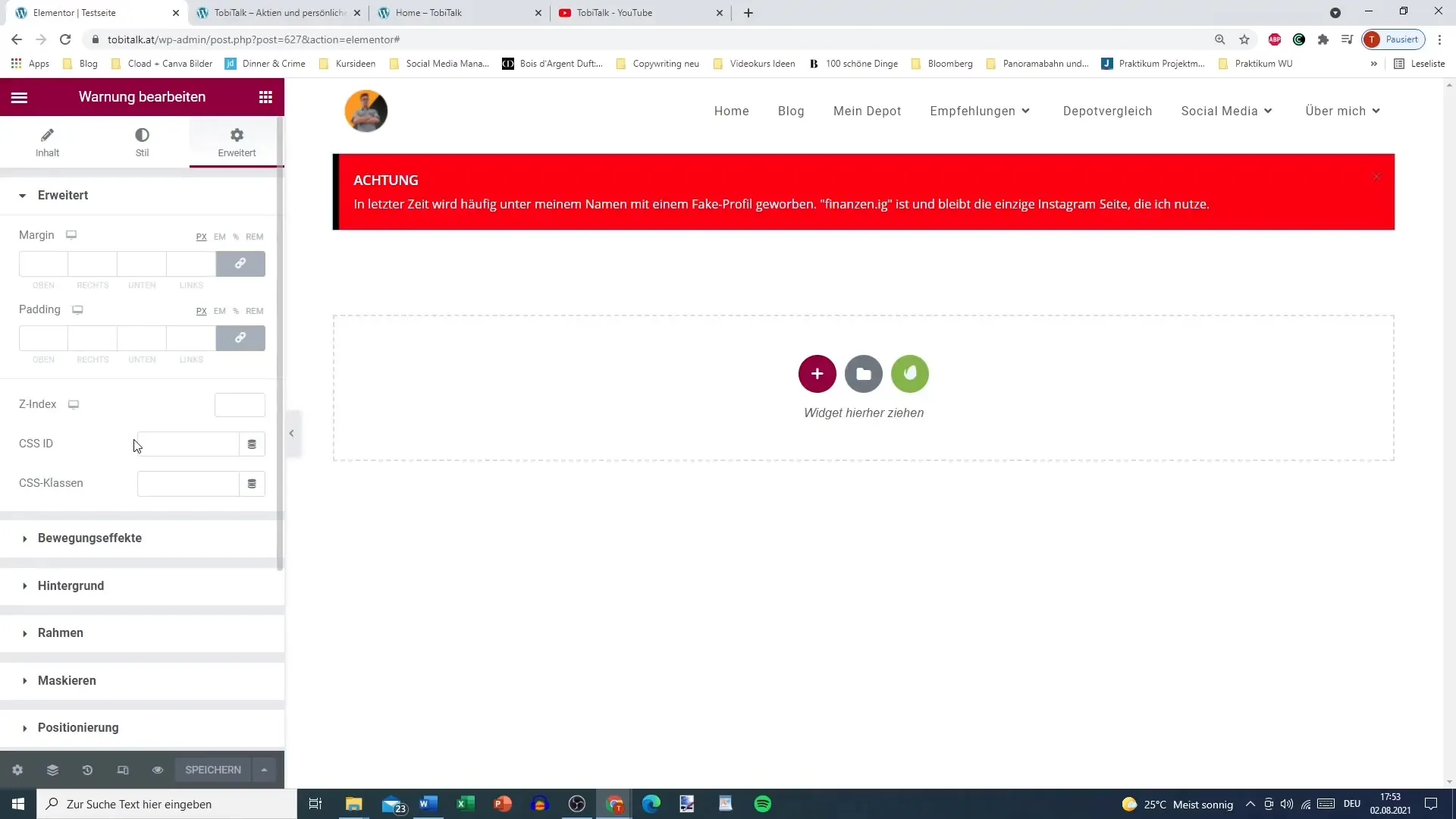Using the warning widget for WordPress with Elementor
