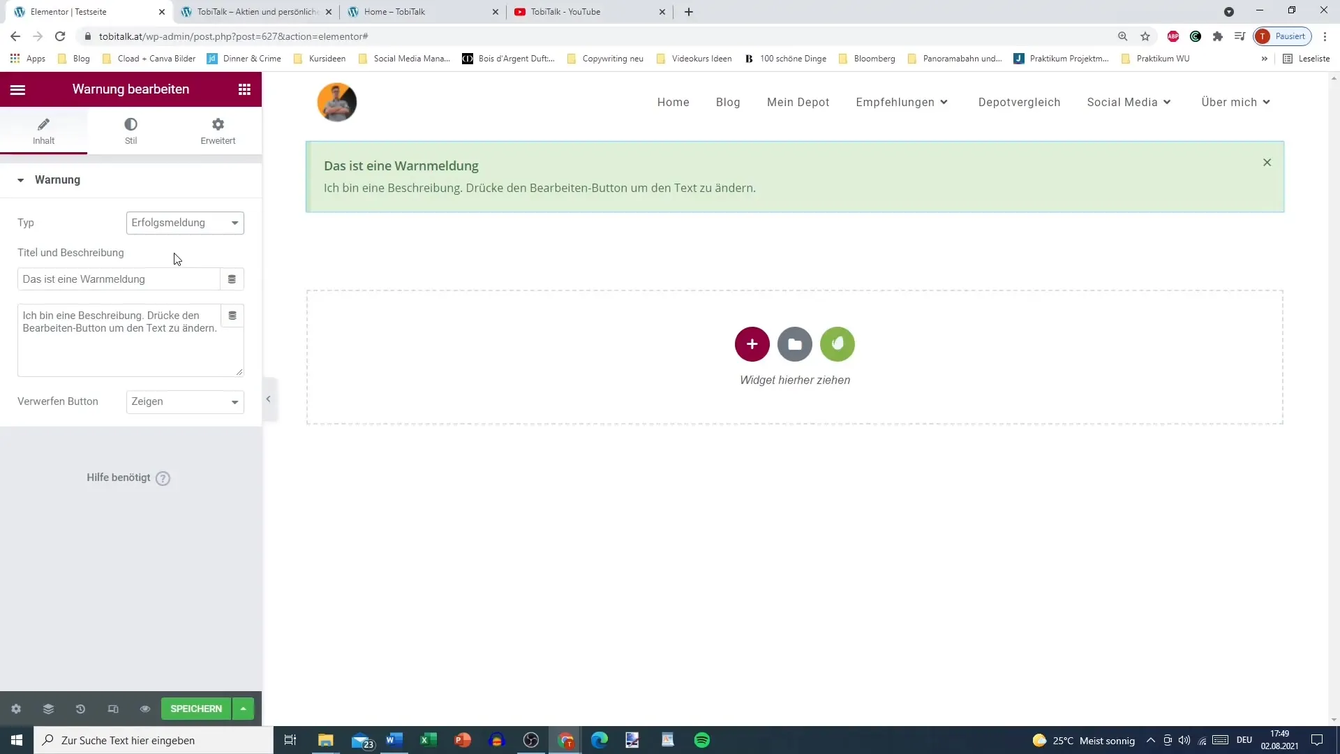 Use of the warning widget for WordPress with Elementor