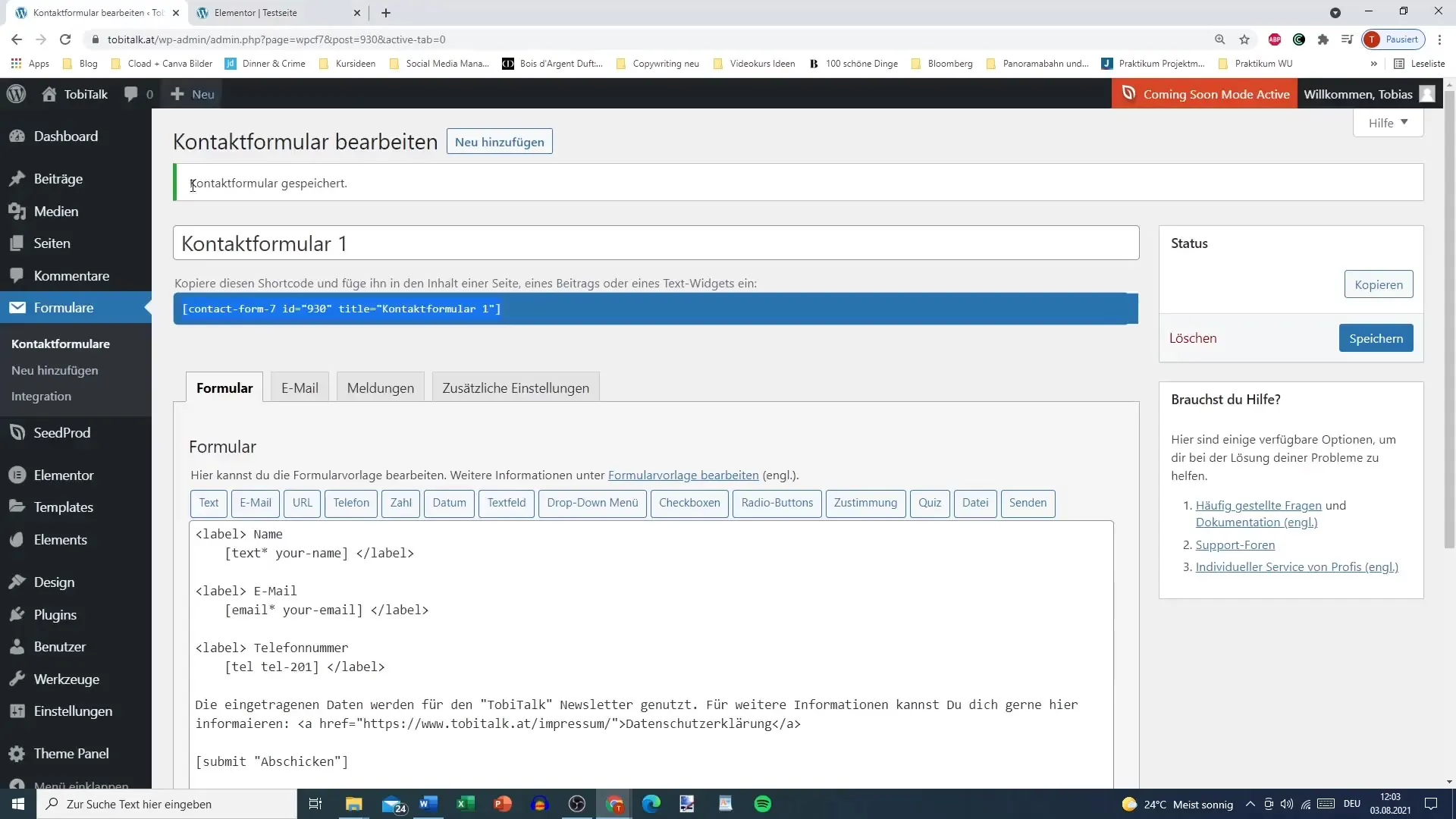 Securing the contact form in WordPress