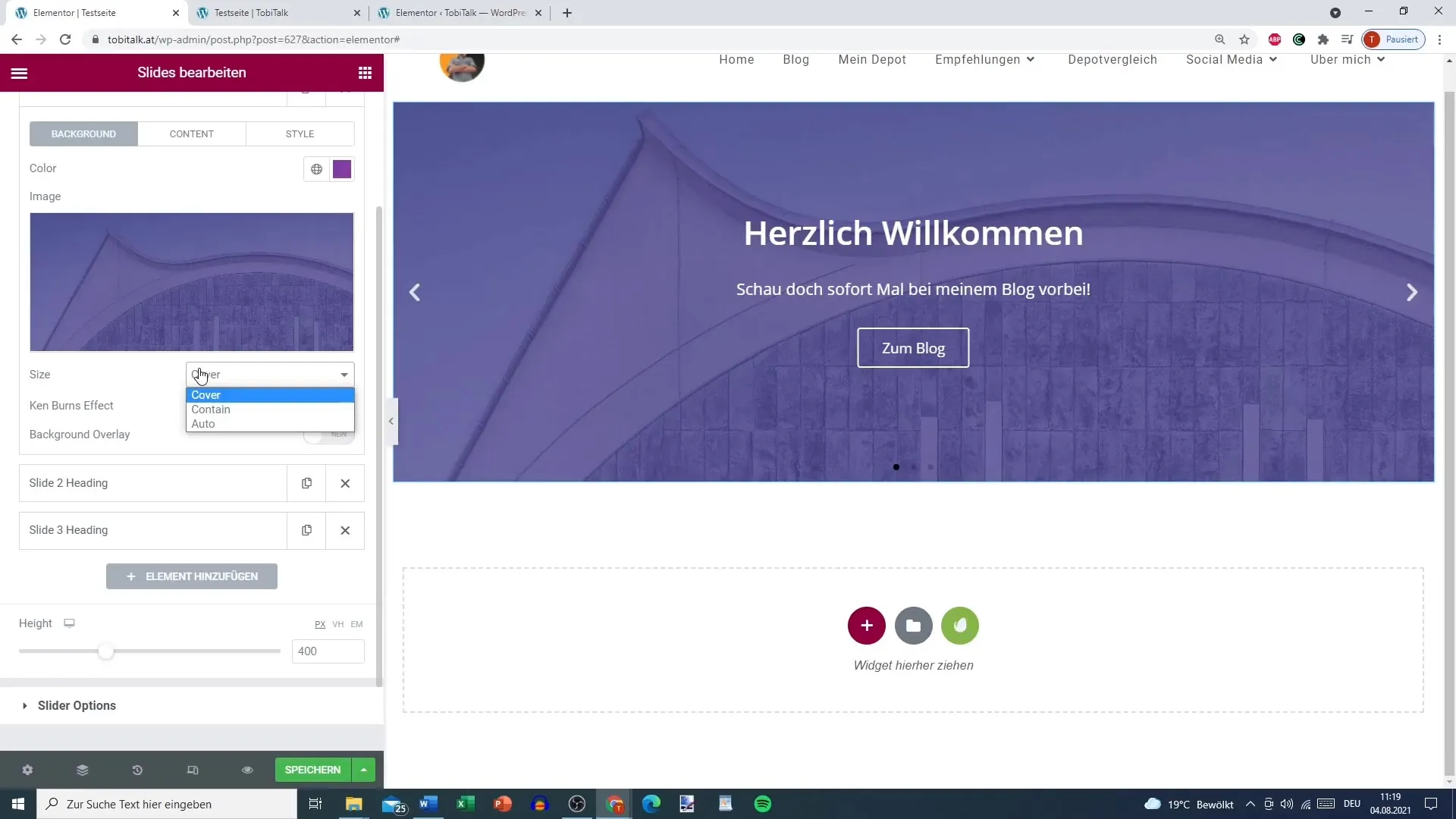 Creation of slides in Elementor for WordPress
