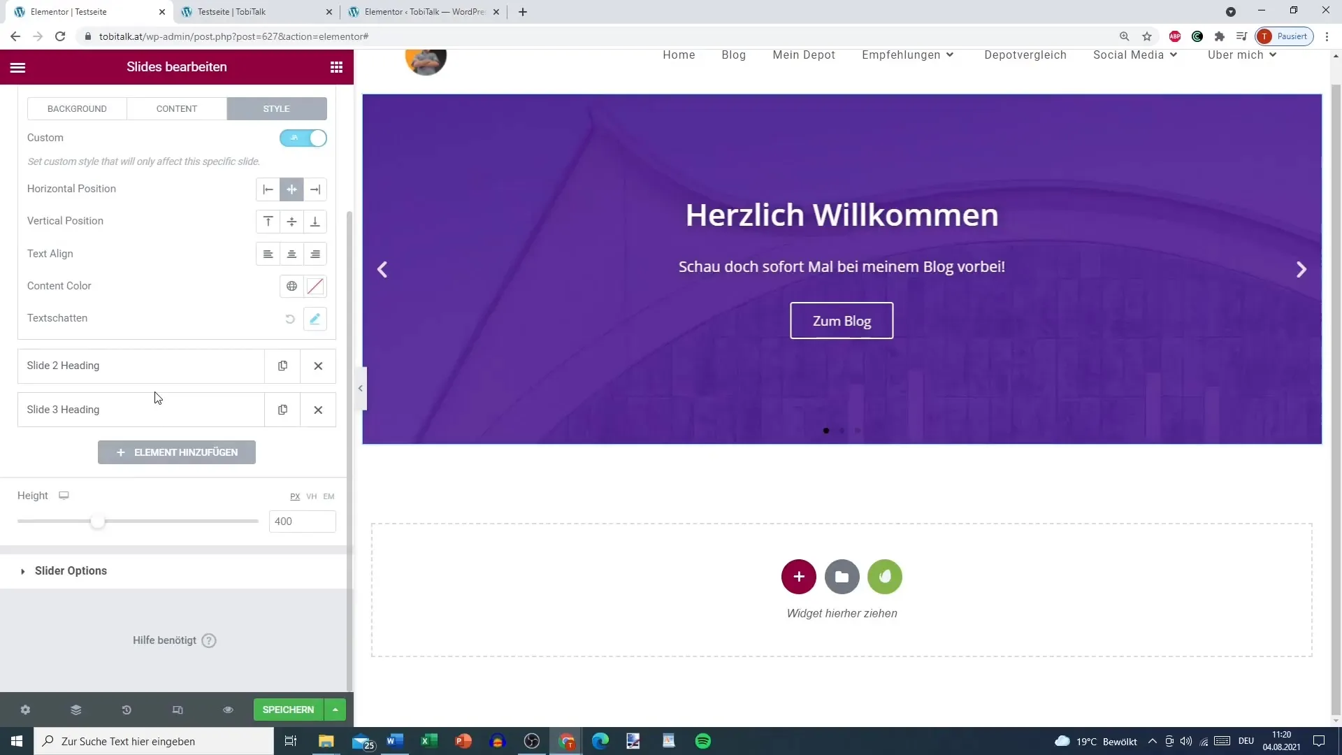 Creation of slides in Elementor for WordPress