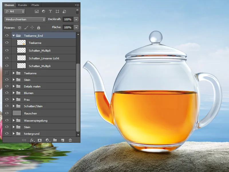 Cartel publicitario de Lotus Tea - Parte 05 - Tetera de composición con inserto de letras de loto