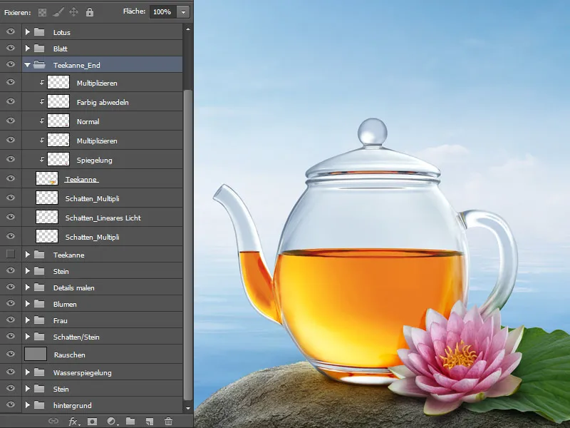 Cartel publicitario de Lotus Tea - Parte 05 - Tetera de composición con inserto de letras de loto