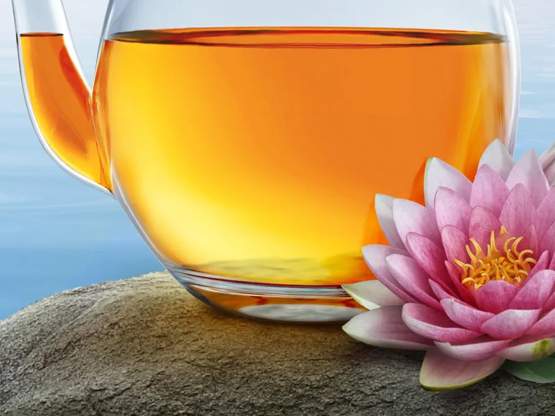 Cartel publicitario de Lotus Tea - Parte 05 - Tetera de composición con inserto de letras de loto