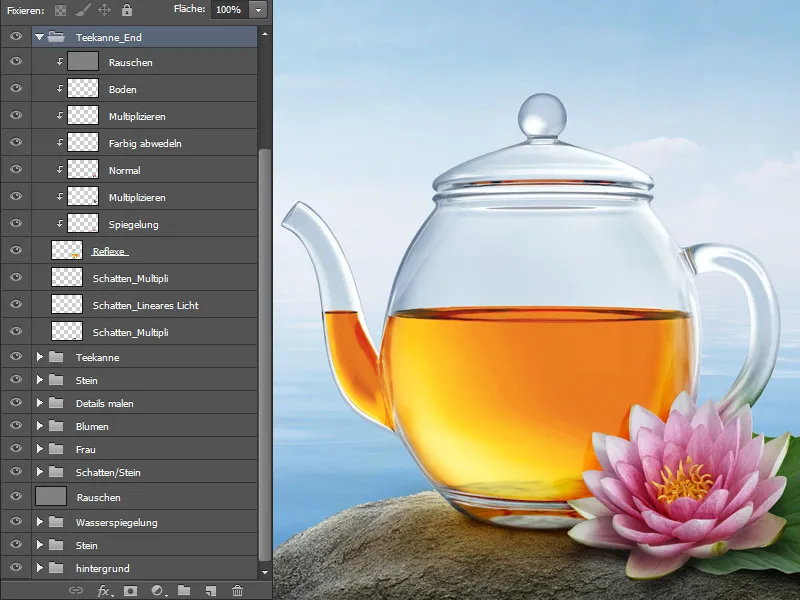 Cartel publicitario de Lotus Tea - Parte 05 - Tetera de composición con inserto de letras de loto