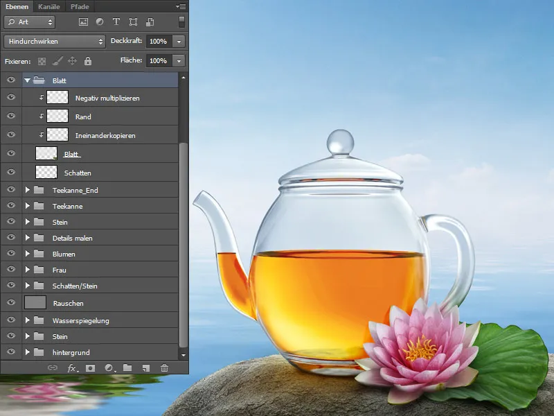 Cartel publicitario de Lotus Tea - Parte 05 - Tetera de composición con inserto de letras de loto